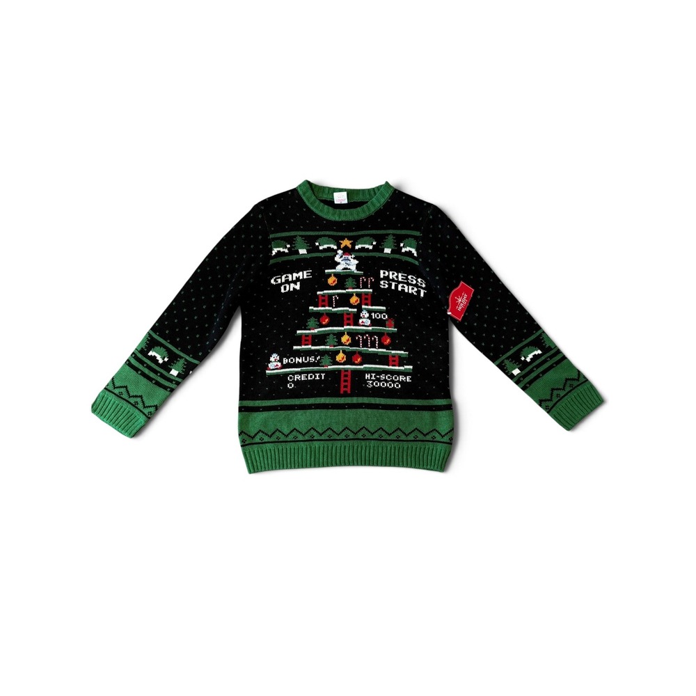 Holiday Time Kids Video Game Christmas Tree Ugly Sweater Black Green L 10-12 NWT
